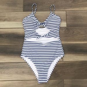 Striped Blue and White Women Swim One Piece